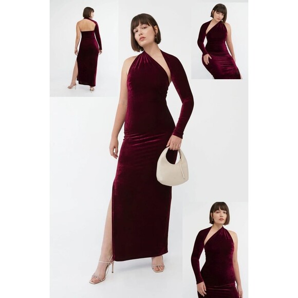 MDS Women's M Marcella Manhattan Velvet Slit Gown Burgundy One Shoulder Dress - Picture 1 of 7
